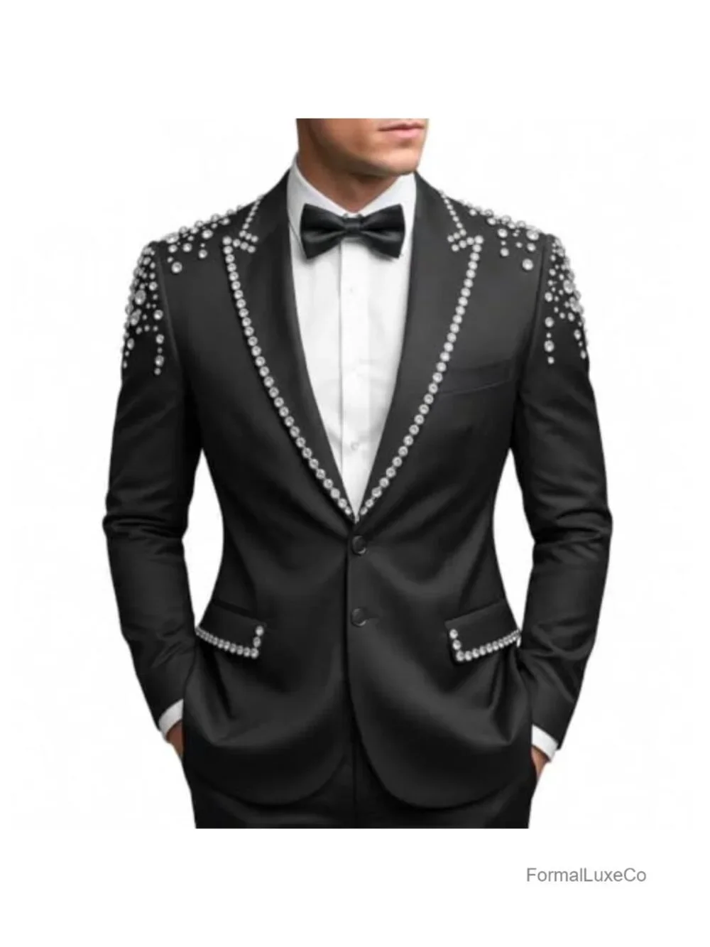 Men's 2PC Rhinestone Crystal Slim Fit Suit Set Wedding Prom
